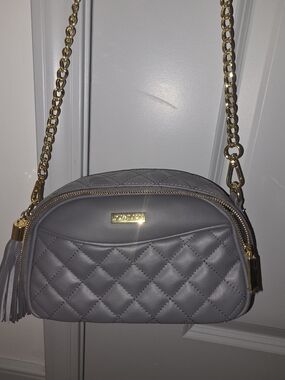 Joy Imam Quilted Gray Crossbody Bag with Gold Chain